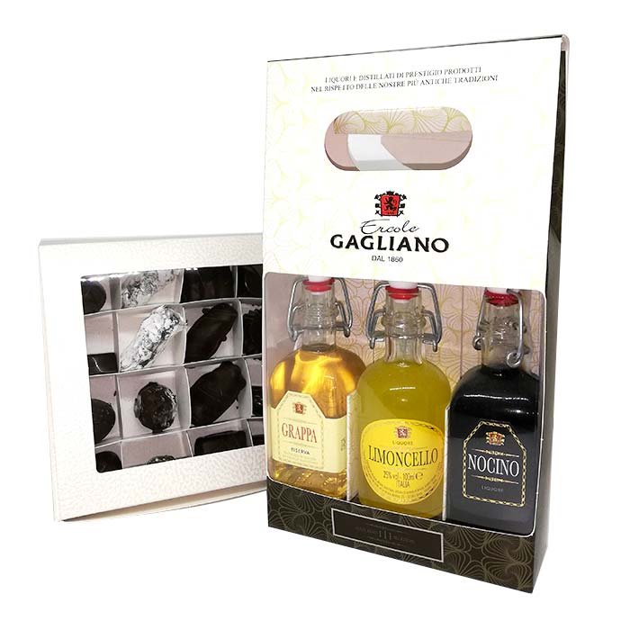 Tris di liquori + scatola cioccolatini 400 gr Tris di liquori + scatola cioccolatini 400 gr